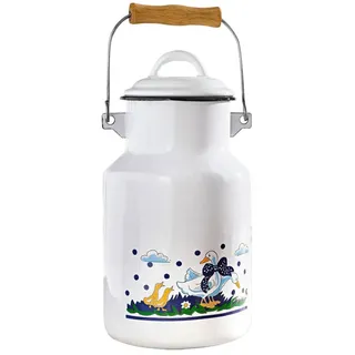 Krüger Emaille Milchkanne Gänseglück 2,0 L | Für Milch, Saft & Dekoration | PFAS-frei | Schnitt- & kratzfeste Emaille | Mit Deckel & Holzgriff | Spülmaschinengeeignet | Landhaus-Design