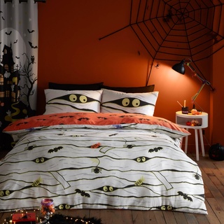 Bedlam - Gruselige Mumien Bettwäsche - Doppelbett (200 x 200cm) - Wende (2 Motive) - Leuchtet im Dunkeln - Gruselige Mumien & Vampirfledermäuse Bettwäsche - Halloween Dekoration für Schlafzimmer