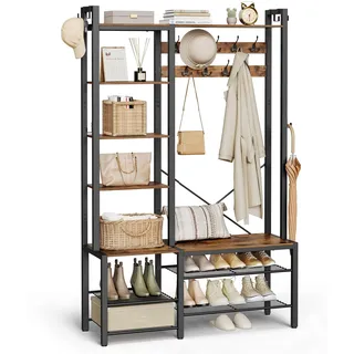 VASAGLE Garderobenständer mit Schuhbank, Garderobe, 5 Regalebenen aus Spanplatten, 9 Dreifach-Haken, 6 seitliche Haken, 40 x 120 x 190 cm, vintagebraun-tintenschwarz HSR426B01