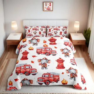 Homewish Feuerwehrauto Bettwäsche Teenager Süß Cartoon Elefant Feuerwehrmann Bettbezug Set 135x200 für Mädchen Kinder Jungen,Hydrant Flammemuster Feuer Brandschutzwissen Thema Raumdekor Bettwäscheset