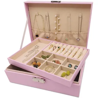 Pahajim Schmuckaufbewahrung für Damen, Schmuckkästchen 2 Stöckige Schmuckkasten PU Leder Schmuckschatulle Jewelry Organizer Schmuckbox für Ringe, Ohrringe, Ohrstecker, Ketten