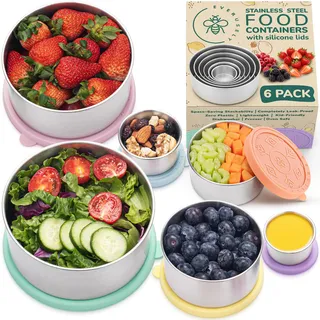 Everusely - Edelstahlbehälter mit Deckel - 6er-Set, Bright Collection - Auslaufsichere Edelstahl-Lebensmittelbehälter - Verschachtelbare Snackbehälter- Metall-Lunchbox