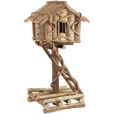 Relaxdays Vogelhaus stehend, unbehandeltes Deko Vogelhäuschen auf Ständer, handgemachtes Holzhaus mit Leiter, natur, 17 x 21 x 42 cm
