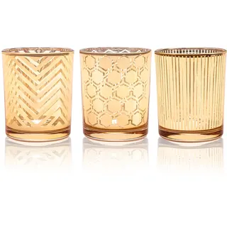 toptime Teelichthalter 3er Set, Gold Glas Kerzenständer - Tischdeko, Romantische Teelichtgläser mit Wellen-, Streifen- und Wabenmuster, Kerzenhalter für Weihnachten, Geburtstag, Hochzeit, Party
