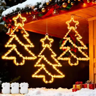 Dekofun Weihnachtsdeko Fenster 3 Stück 55 LED Großes Metall Hängend Weihnachtsbaum Fensterbeleuchtung Batterie mit Timer, Weihnachtsbeleuchtung Außen Wasserdicht Stern Fenster für Deko - Warmweiß