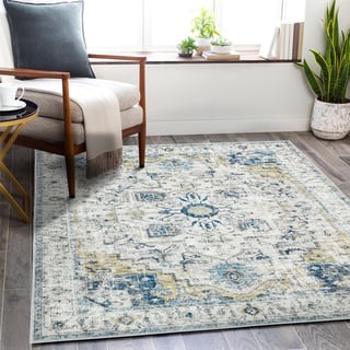 TOPICK Teppich 150x210cm Hellblau Floral Faltbar Waschbar Superdünne Vintage Blumenteppich Kurzflor Orientalischer Küchenteppich für Innenbereich Schlafzimmer Wohnzimmer Esszimmer Büro Flur