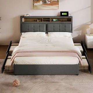 Flieks Polsterbett 140x200cm mit USB und Steckdosen, Jugendbett Doppelbett mit 4 Schubladen, Stauraumbett Massivholzbett mit Lattenrost, Leinen, Grau - Grau