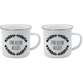 Gedalabels Tasse Kleine Auszeit Emaille 350ml, Camping, Outdoor, Trinkbecher, Emaillebecher, Emailletasse, lebensmittelecht, Weiß Oder Cremefarben (Packung mit 2)