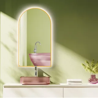 HOKO Badspiegel Bogen LED 60x100 cm mit Metallrahmen, HOCH+QUER Montage, Arch Lichtspiegel+Touch Schalter+Licht Wechsel 2700-6500K, Warmweiß-Kaltweiß - Gold