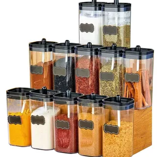 12-teiliges Gewürzbehälter Set 300 ml – Vorratsdosen mit Löffel & Deckel – stapelbare Gewürzdosen aus Kunststoff, BPA-frei, beschriftbar