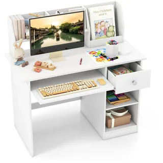 FANTASK Klein Schreibtisch mit Schubladen, Kinderschreibtisch Holz mit Tastaturablage & Bücherregal, Schülerschreibtisch für Kinder ab 3 Jahren, 90 x 45 x 90 cm (Weiß)