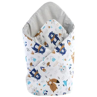 Medi Partners Steckkissen 100% Baumwolle 75x75cm Einschlagdecke Babyhörnchen doppelseitig weich ganzjährig multifunktional antiallergisch Babys (Tiere im Wald mit Grau Punkten)