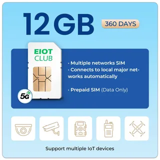 EIOTCLUB 12GB Daten SIM Karte 360 Tage – IoT Prepaid Internet SIM für Kamera, Router, Alarmanlage | 4G LTE/5G | Ohne Vertrag, Ohne Registrierung | Vodafone O2 Netz | Deutschland & EU