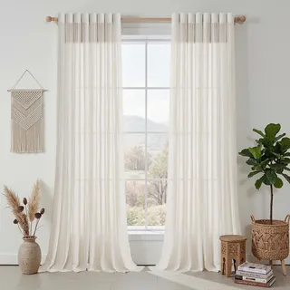 MYSKY HOME Leinenvorhang mit Web-Löchern Gardinen Boho-Vorhänge Vintage Landhaus Makramee Häkelgardine Beige mit Ösen Landhaus Natur für Wohnzimmer Modern Schlafzimmer Halbtransparent 140x280cm 2PC