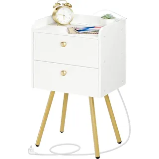 Nachttisch mit Ladestation und Schubladen, Beistelltisch Weiß und Gold - Weiß, Gold