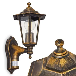 HOFSTEIN Außenwandleuchte Loria, Außenwandlampe mit Bewegungsmelder aus Metall/Glas in Braun-Gold/Klar, Wandleuchte im Retro/Vintage/Landhaus-Stil, E27, IP44, Eingangsbereich, Terrasse, Haustür, Hof
