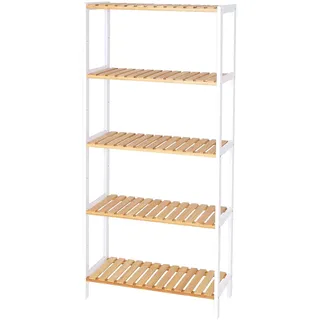 tavora Bambusregal in zeitlosem Design, 60x26x130 cm, zur Regalwand kombinierbar, platzsparendes Standregal mit 5 robusten Ablagefächern für Bad, Flur oder Küche, gummierte Standfüße, Natur/weiß
