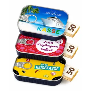 Geldgeschenk Reise Verpackung Geldgeschenk 3 Sardinendosen Kreuzfahrt, Reisekasse und Zum Verplempern, Geschenk für Urlaub, Reise, Weltenbummler, Kreuzfahrt Sardinendose für Geld Geschenke, Spardose