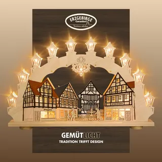 Schwibbogen WEIGLA "Altstadt, Fachwerkhaus, Lichterbogen aus Holz, Made in Germany", beige (natur, braun), B:66cm H:41cm T:6cm, Holzwerkstoff, Schwibbögen, Schwibbogen, Erzgebirge garantiert, Weihnachtsdeko Innen, Weihnachtsbeleuchtung