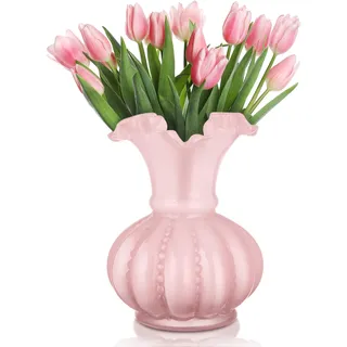 Joeyan Handgefertigte Bunt Glasvasen, Schöne Vase 20cm Hoch Rosa Blumenvase für Blumenstrauß,Verdickte Glasvasen für Tischdeko Hochzeit, Landhausstil Vintage Farbig Dekovasen für Haus/Bauernhaus/Party