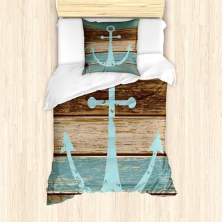ABAKUHAUS Anker Mantele, Nautical Rustic, Milbensicher Allergiker geeignet mit Kissenbezügen, 135 cm x 200 cm - 80 x 80 cm, Pale Blue Brown Teal - Blau, Braun