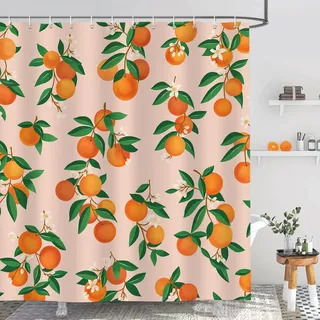 Bonhause Duschvorhang Orange Frucht Zitrusgewächs Grüne Blätter Duschvorhänge 180 x 200 cm Anti-Schimmel Wasserdicht Polyester Stoff Waschbar Bad Vorhäng für Badzimmer mit 12 Haken