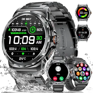 LIGE Militär Smartwatch Herren(3 Armbändern),1,43" HD AMOLED Smartwatch mit Telefonfunktion,Fitnessuhr,Schwarze Uhr mit 120+ Sportmodi,Herz-/Schlaftracking,IP68 wasserdicht sportuhr für iOS/Android