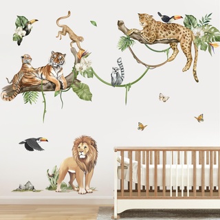 decalmile Wandtattoo Dschungel Tiere Baum Zweig Wandaufkleber Safari Löwe Leopard Tiger Wandsticker Kinderzimmer Babyzimmer Schlafzimmer Wanddeko (XXL)