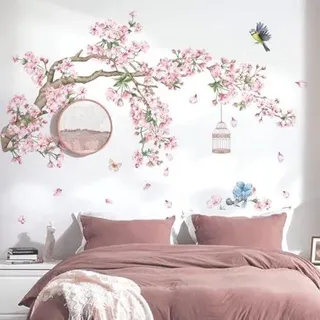 Roze Vogelwereld Wandtattoo mit Blumen für Schlafzimmer und Wohnzimmer - Selbstklebende Wanddekoration - Rosa