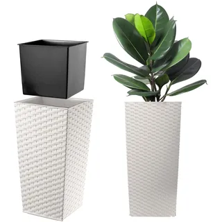 KADAX Pflanzkübel mit Innentopf, Höhe 57cm, 29x29cm, ca. 24L – Rattan-Optik Weiß, Frostsicherer Blumentopf für Innen & Außen, Garten, Balkon & Terrasse, UV-beständig, wetterfest