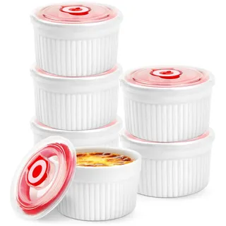 WPPQWP Creme Brulee Keramik Schälchen 6 Stück, Ø9cm 220ml Souffle Förmchen Mit Deckel, Backofenfest Puddingform, Dessertschalen, Mini Auflaufform Weiß, Zum Küchenbacken (Weiß - Ø9cm - 6er Set)