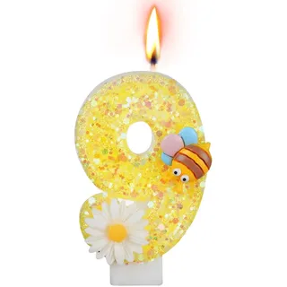 Alaoo Geburtstagskerzen Zahlen 9, 3D Honigbiene und Blume Geburtstagskerzen, Gelb Glitzer Geburtstagskerzen,Kuchen Topper Dekoration Kuchendeko Geburtstag, Partyzubehör