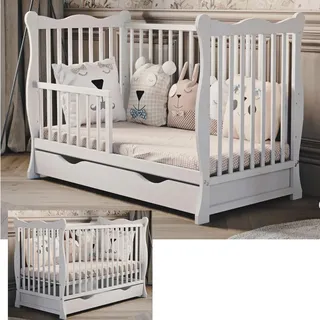 Babybett Julia 120x60 cm – weiß, mit Rausfallschutz und Schublade, ohne Matratze