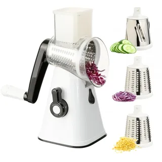 cozary Käsereibe mit Kurbel, Gemüseschneider mit 3 austauschbaren Edelstahl-Klingen (Reiben, Schneiden, Raspeln) – Rutschfeste Saugnapf-Basis & ergonomischer Griff – BPA-frei