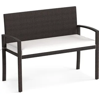 Rattanbank für den Außenbereich, Terrassensofa für 2 Personen mit abnehmbarem Sitzkissen, Metallrahmen, Rückenlehne & Armlehnen, Sitzmöbel, Weiß - Braun, Weiß