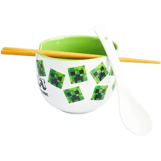 Get Trend Minecraft Ramen Schüssel Set, 600ml Keramik Geschirr Set mit Schale, Löffel & Essstäbchen aus Bambus, Geschenk Idee (Multi Minecraft)
