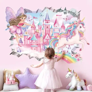 decalmile Wandsticker Fee Schloss 3D Wandtattoo Feen Einhorn Regenbogen Schmetterling Wandaufkleber Mädchen Kinderzimmer Schlafzimmer Babyzimmer Wanddeko