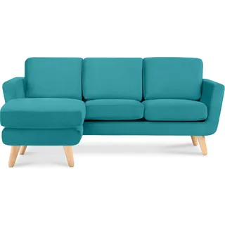 KONSIMO Ecksofa links mit Armlehnen und Gestell aus Massivholz "TAGIO", Türkis, Velourstoff, Scandinavian, 190x78x151cm - Türkis