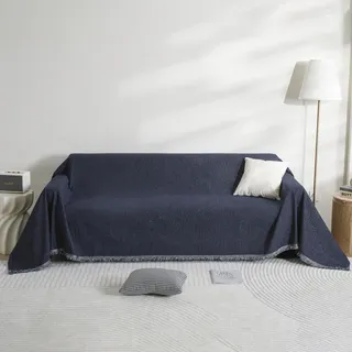 FLRISNTIG Sofa-Schonbezug Mit Fransen, Chenille Decke, Anti-Rutsch Abdeckung, Multifunktionsdecke Für Zuhause, Wohnzimmer, Büro (Dunkelblau, 180x300 cm)