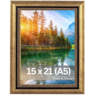 VictoR Bilderrahmen Boho Gold in 15x21 cm (A5) - Leiste: 30x16mm - Fotorahmen Vintage Deko Rustikal - Bilderrahmen Gold 15x20 - Landhaus