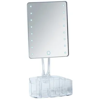 Wenko LED Standspiegel mit Organizer Trenno, Kosmetikspiegel mit LED-Beleuchtung, Schminkspiegel dreh- schwenkbar, Touchfunktion für dimmbare Helligkeit, batteriebetrieben, 17 x 36 x 12,5 cm