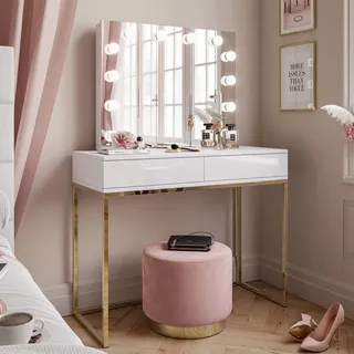 BLANCO ELITE Schminktisch mit Spiegel und Beleuchtung Gold Chrom / Weiß Hochglanz Push to open - Weiß