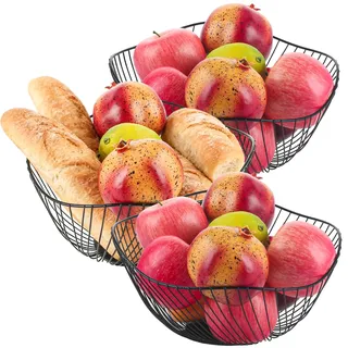 Ghligna 3 Stück Obstschale Modern, 25.5x11cm Obstschale Schwarz, Wellenform Obstkorb Metall, Rutschfest Brotkorb Metall, Durchbrochener Drahtkorb Schwarz, Obstschalen für Obst, Gemüse, Kleinigkeiten
