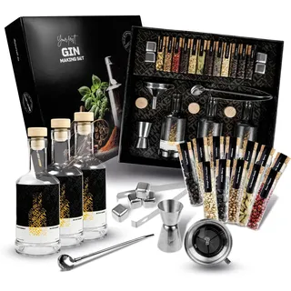DIBYS Gin Baukasten für Anfänger, 12 Botanicals, DIY Set zum Selbermachen | 28-teiliges Komplett-Set, 3 Glasflaschen, 4 Rezeptkarten, Anleitung, kleine Manufaktur, hergestellt in EU