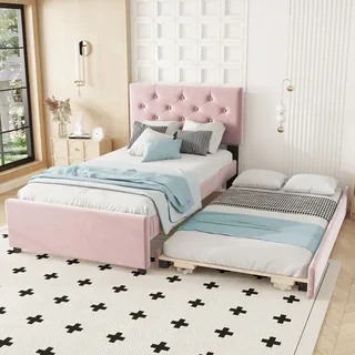Polsterbett mit Gästebett und Lattenrost, 90x200 cm, Einzelbett, Jugendbett, Samt - Rosa