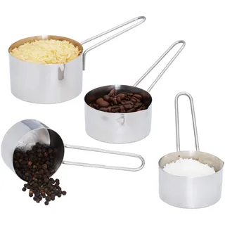 Relaxdays Standard Messbecher Set 4 TLG, Edelstahl, Messlöffel Cup mit Griff, spülmaschinenfest, US-Größen, ml Angaben, Silber