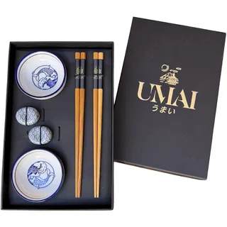 UMAI Das Sushi-Set enthält 2 Paar wiederverwendbare japanische Essstäbchen + 2 Sojaschalen + 2 Keramikständer, perfekt für chinesisches Essen und Sushi, elegante Tasche, ideal als Geschenk