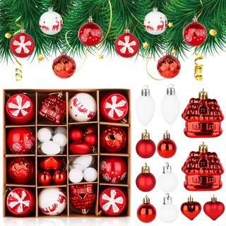 40 Stück Weihnachtskugeln, 6~4cm Christbaumkugeln, Weihnachtskugeln Plastik mit Aufhängen, weihnachtsbaumkugeln für Christbaumschmuck, Hochzeit, Party, Geburtstag, Weihnachtsdeko (Rot & Weiß)