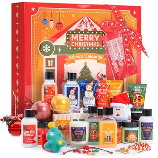BODY & EARTH Adventskalender 2026 für Frauen, Weihnachtsgeschenke, 24PCS Weihnachtsbad Sets mit Geschenkbox, 2 Weihnachtsbaum Ohrringe, Bubble Bad etc., Weihnachtsgeschenke für Frauen