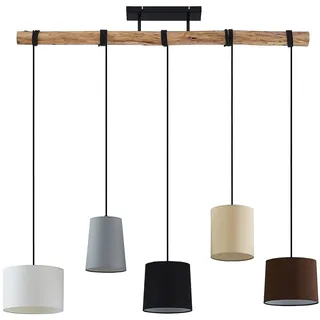 Lindby Esstisch Pendelleuchte Holz, Textil Balkenpendelleuchte Holzast und Stoff Lampenschirm Hängelampe Lampe Wohnzimmer 5x E27 ohne Leuchtmittel